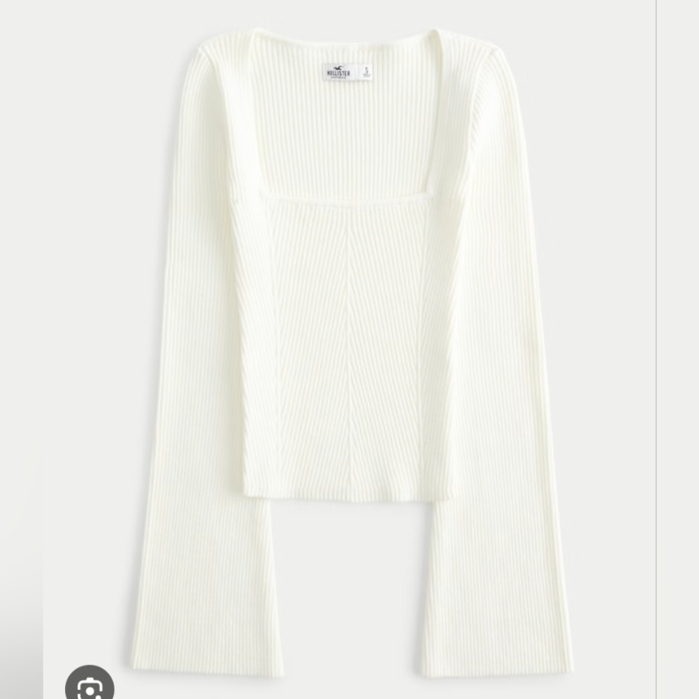 Hollister Top Size M Long Sleeve Knit Square Neckline White Ribbed Coton